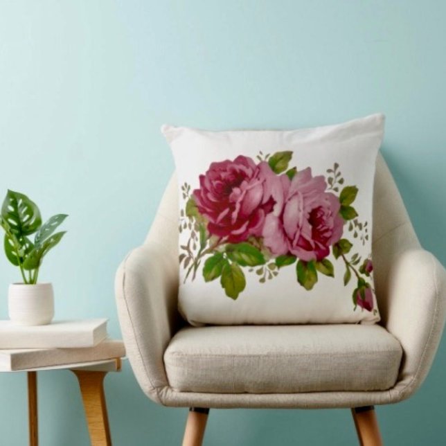 Coussin de jeté Élégance Rose Chou Vintage (Throw Pillow 100% polyester heavyweight stretch material. Hidden zipper Made in the USA.)