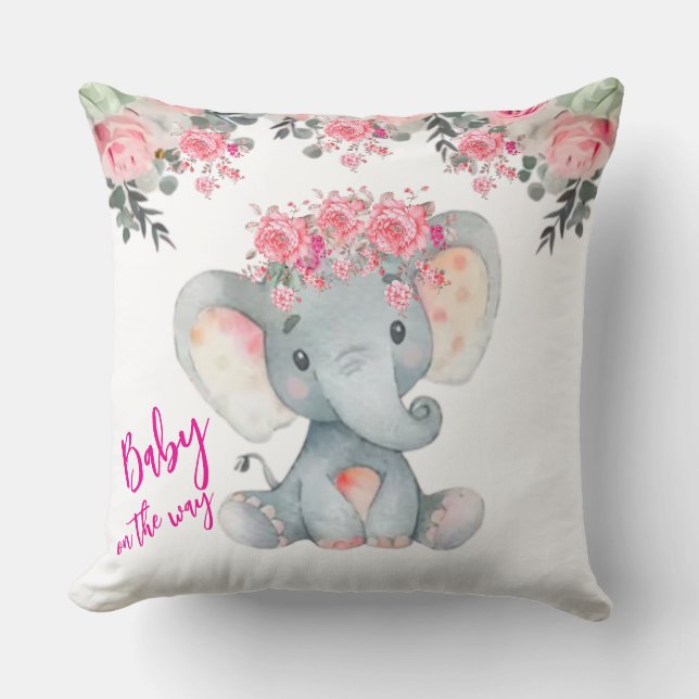 Coussin de jeté éléphant bébé floral rose pour bab (Recto)