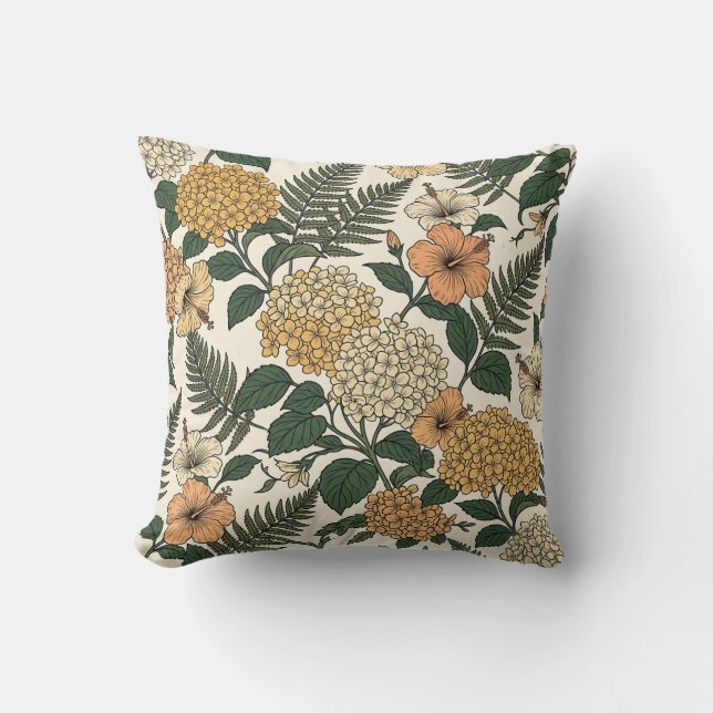 Coussin de jetée aux Hydrangeas de l'Heure Dorée (Recto)