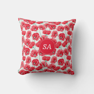 Coussin De jolies coquelicots rouges monogrammées Floral B