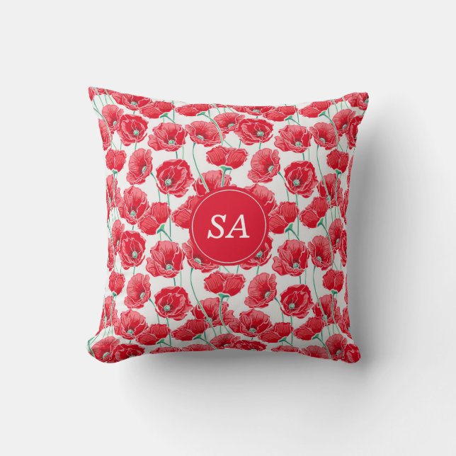 Coussin De jolies coquelicots rouges monogrammées Floral B (Recto)