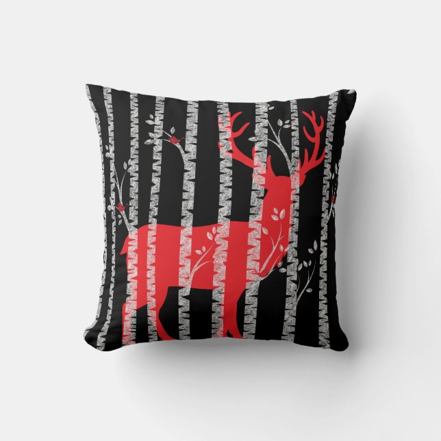 Coussin de la forêt de Birch Noir et Rouge (Recto)