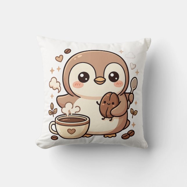 Coussin de lancer de café Kawaii Pingouin Imprimé (Recto)