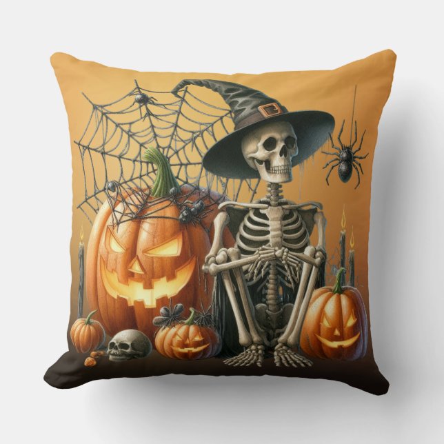 Coussin de lancer Halloween Citrouilles Squelette (Recto)