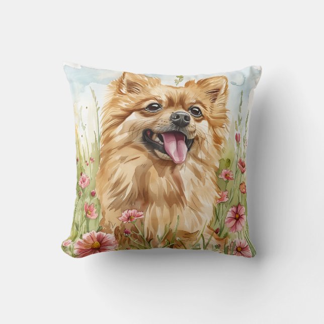 Coussin de Lancer Pomeranian – Aquarelle (Recto)