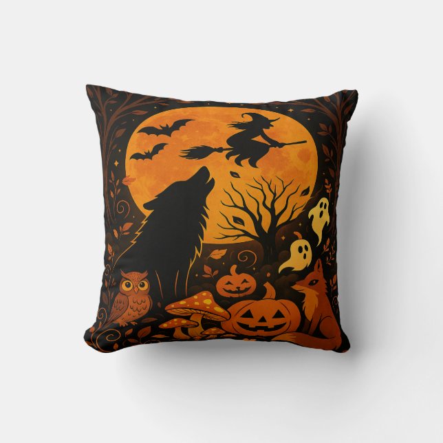 Coussin de lancer sorcière volante à balai Hallowe (Recto)