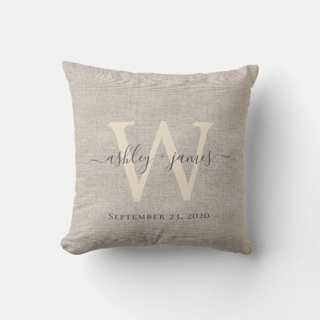 Coussin de mariage Beige Lin Gris Ivoire Monogramm (Recto)