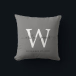 Coussin de mariage chic gris foncé blanc monogramm<br><div class="desc">Élégant coussin de mariage souvenir avec votre texte en écriture calligraphique chic manuscrite noir sur fond gris foncé. Ajoutez simplement vos noms, monogramme et date de mariage. Cadeau idéal pour un jeune couple marié. Conçu exclusivement pour vous par Happy Dolphin Studio. Si vous avez besoin d'aide ou de produits assortis,...</div>