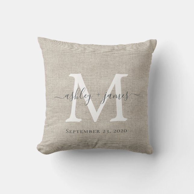 Coussin de mariage en lin blanc avec monogramme be (Recto)