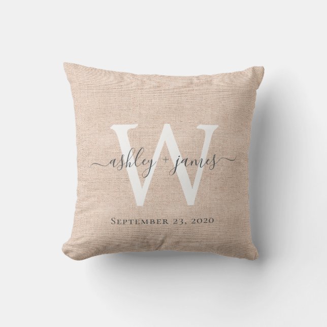 Coussin de mariage en lin blanc monogrammé rose (Recto)