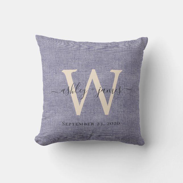 Coussin de mariage en lin bleu avec monogramme ivo (Recto)