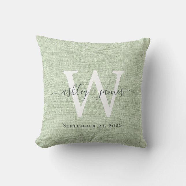 Coussin de mariage en lin vert avec monogramme bla (Recto)