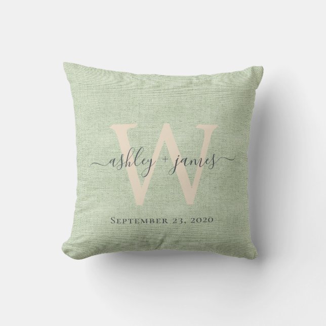 Coussin de mariage en lin vert avec monogramme ivo (Recto)