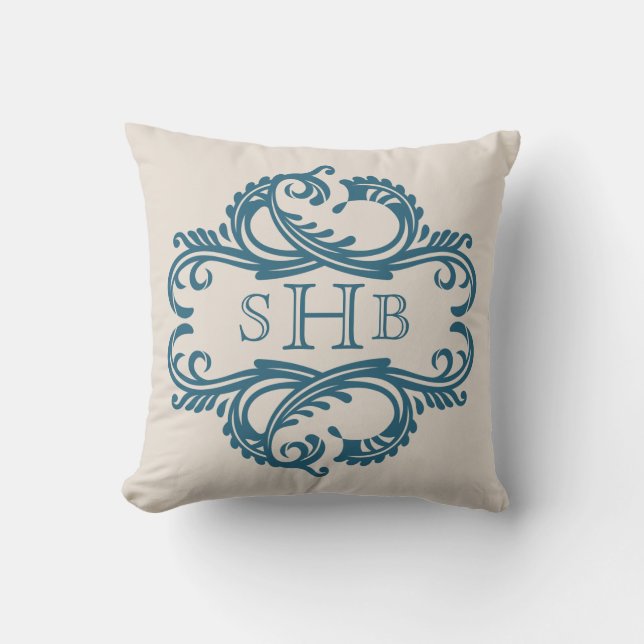 Coussin de monogramme Blue Chic Damask (Recto)