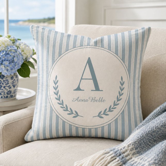 Coussin de monogramme côtier aux rayures à ticks L (Créateur téléchargé)