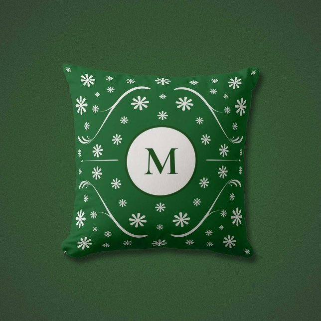 Coussin de monogramme Emerald Green Flower (Emerald Green Flower Power Monogram Pillow)