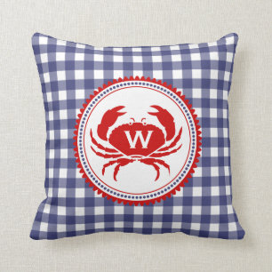 Coussin de monogramme En vichy bleu et crabe