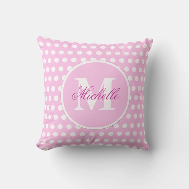 Coussin de monogramme rose blanc Polka Dot (Recto)