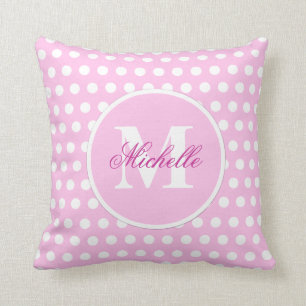 Coussin de monogramme rose blanc Polka Dot