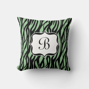 Coussin de monogramme vert, noir et blanc Zèbre