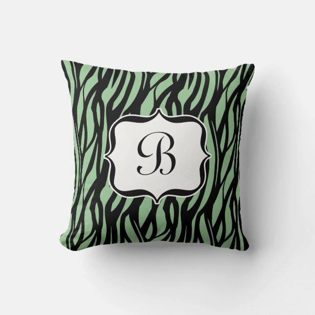 Coussin de monogramme vert, noir et blanc Zèbre (Recto)