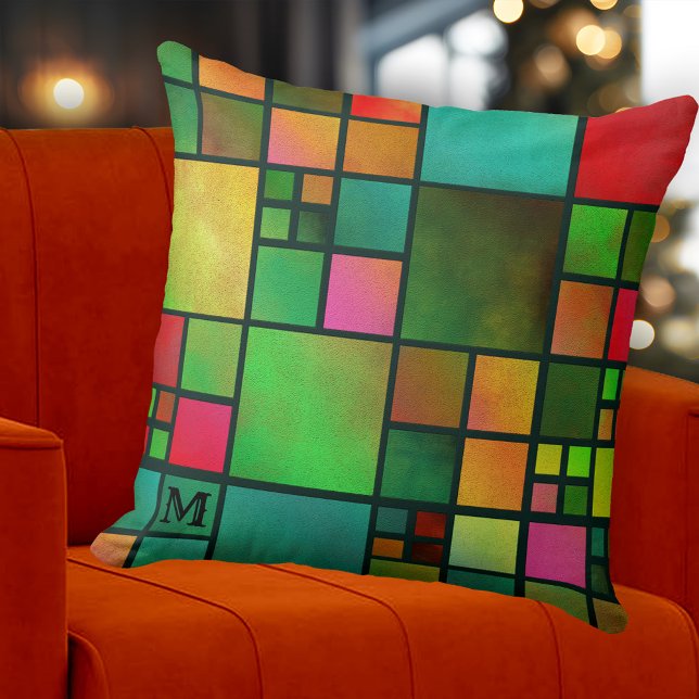 Coussin de Motif géométrique de mosaïque de monogr (Modern colorful checkered pillow featuring a geometric mosaic pattern with watercolor effects)