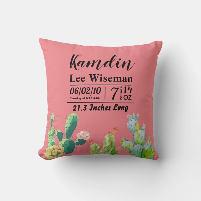 Coussin de naissance personnalisé Bohemian Cactus  (Recto)