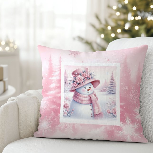 Coussin de neige rose ludique pour un look hiverna (Playful Pink Snowman Pillow Cozy Winter Look)
