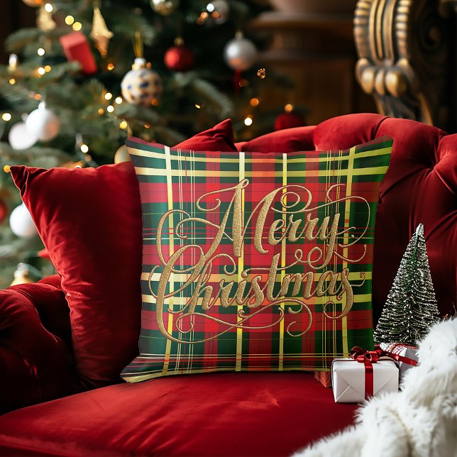 Coussin de Noël à motif tartan rouge et vert class (Festive Classic Christmas Tartan Merry Christmas Decorative Pillow)