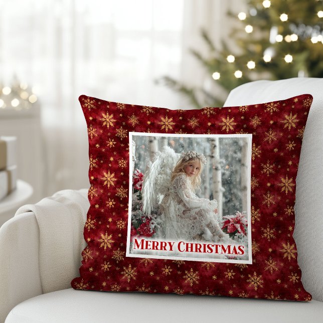Coussin de Noël ange doré rouge calme, cadeau de N (Calm Red Gold Angel Cozy Christmas Gift Pillow)