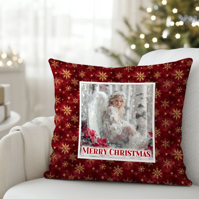 Coussin de Noël ange enneigé poinsettia rouge cade (Snowy Angel Red Poinsettia Christmas Pillow Gift)