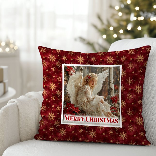 Coussin de Noël Ange Poinsettia Paisible Cadeau de (Peaceful Poinsettia Angel Christmas Gift Pillow)