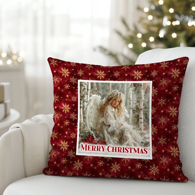 Coussin de Noël ange rêveur poinsettia (Dreamy Angel Poinsettia Christmas Pillow Gift)