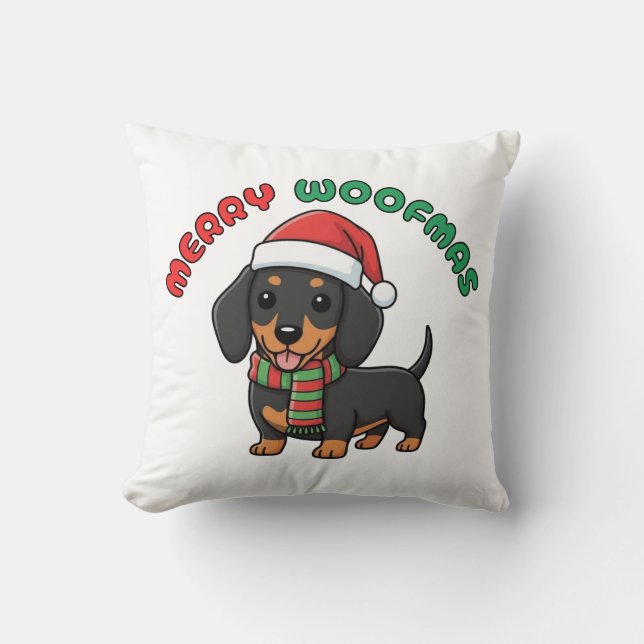 Coussin de Noël Black Dachshund : Joyeux Woofmas (Recto)