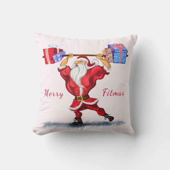 Coussin de Noël Bodybuilder Père Noël avec cadeaux (Recto)