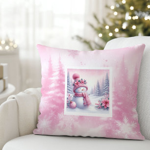 Coussin de Noël Cadeau de la forêt enneigée rose r