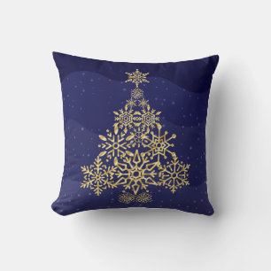 Coussin de Noël de l'Arbre à neige bleu et or