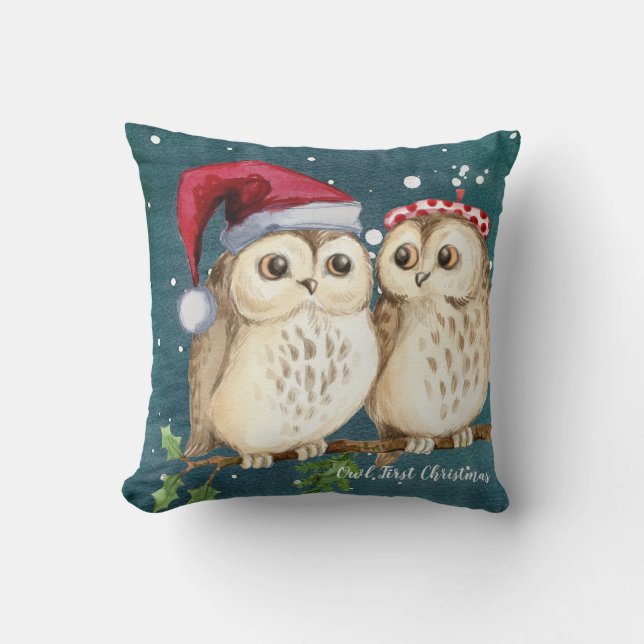 Coussin de Noël de notre premier Noël de hibou (Recto)
