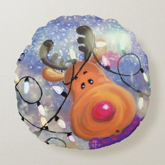 Coussin de Noël rond avec Rindeer heureux (Devant)