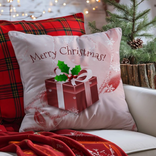 Coussin de Noël rouge en jeté (Red Christmas Gift Throw Pillow)