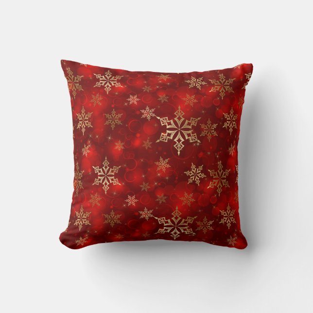 Coussin de Noël Rouge & Flocons de Neige Dorés (Recto)