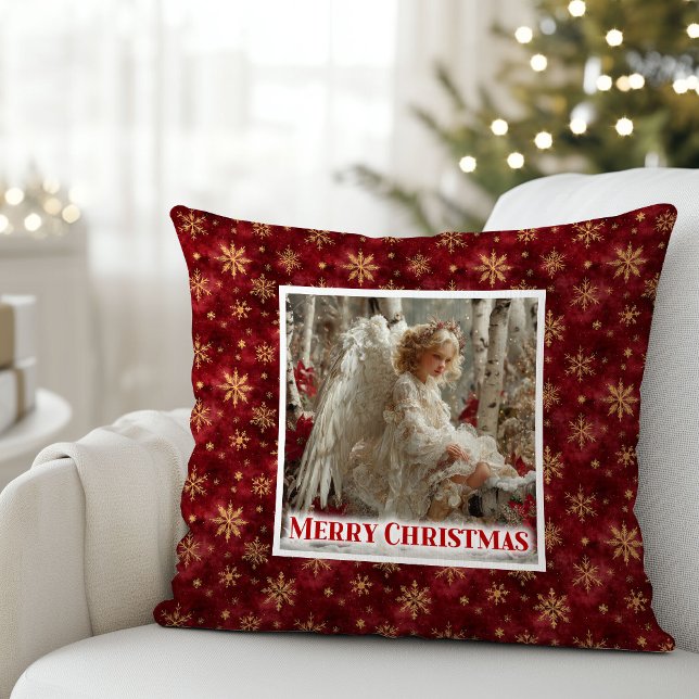 Coussin de Noël Rouge Or Angélique Cadeau (Cozy Angelic Red Gold Christmas Pillow Gift)