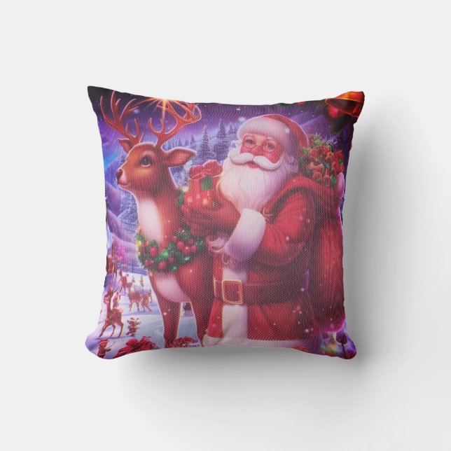 Coussin de Noël rustique - Père Noël et Renne (Recto)
