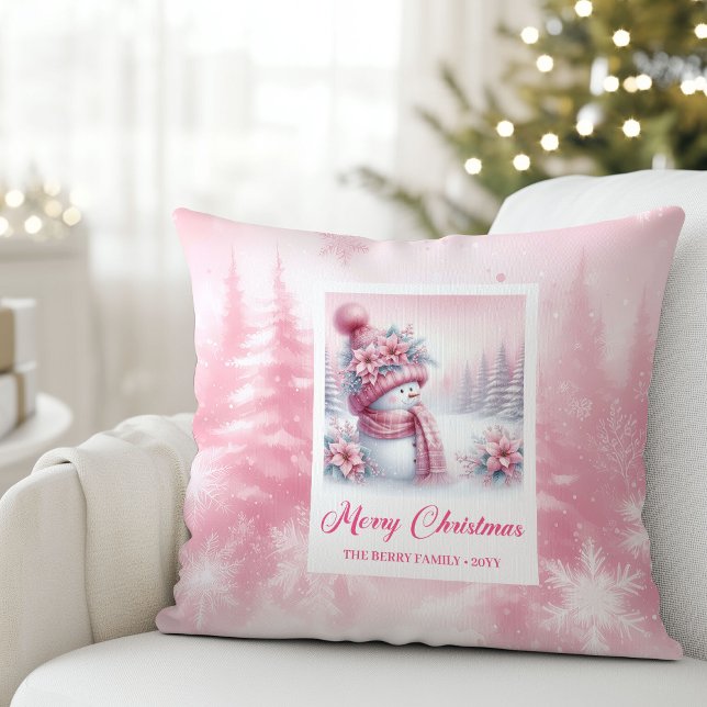 Coussin de Noël Scène Charmante Bonhomme de Neige  (Charming Pink Snowman Christmas Scene Pillow Gift)