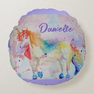 Coussin de nom de fille Licorne Aquarelle Arc-en-c