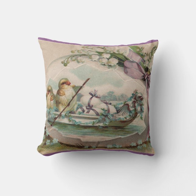 Coussin de Pâques vintage poussins à la rame (Recto)