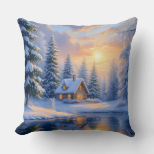 Coussin de paysage de coucher de soleil enneigé de