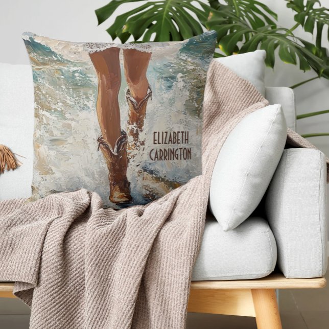 Coussin de plage personnalisé - Cadeau personnalis (Cowgirl Boots Walking on Beach Ocean Waves Personalized Western Gift for Girls and Women)