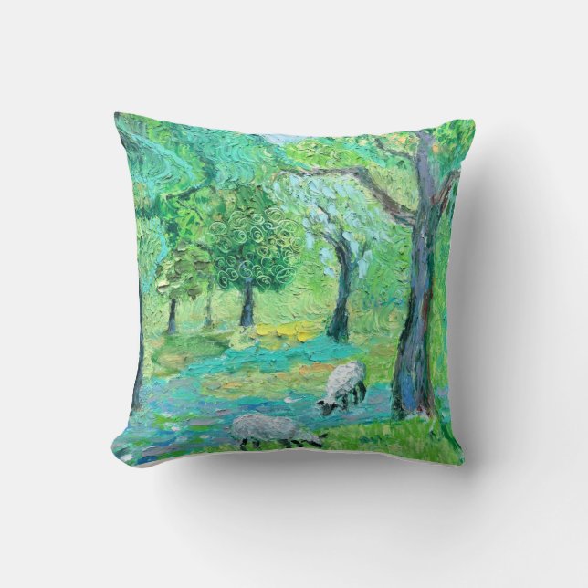 Coussin de prairie verte avec mouton de pâturage - (Recto)