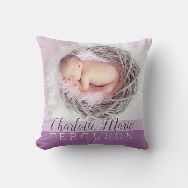 Coussin de souvenir de naissance photo violet pour (Recto)